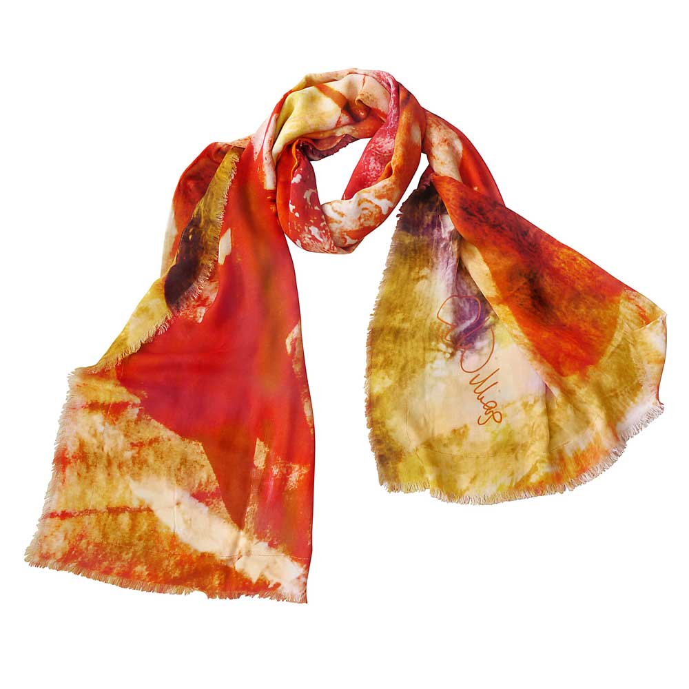 printed scarf with original art design in orange and yellow with artist signature