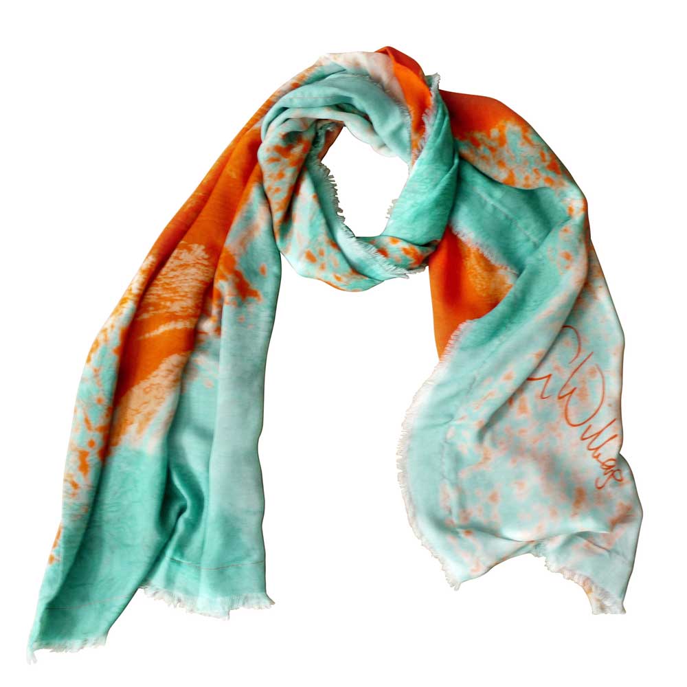 printed scarf in aqua and orange with original art design and artist signature