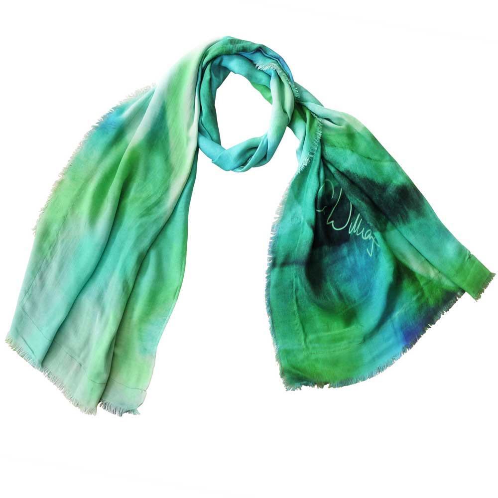 Printed green and blue scarf with original art design and artist signature